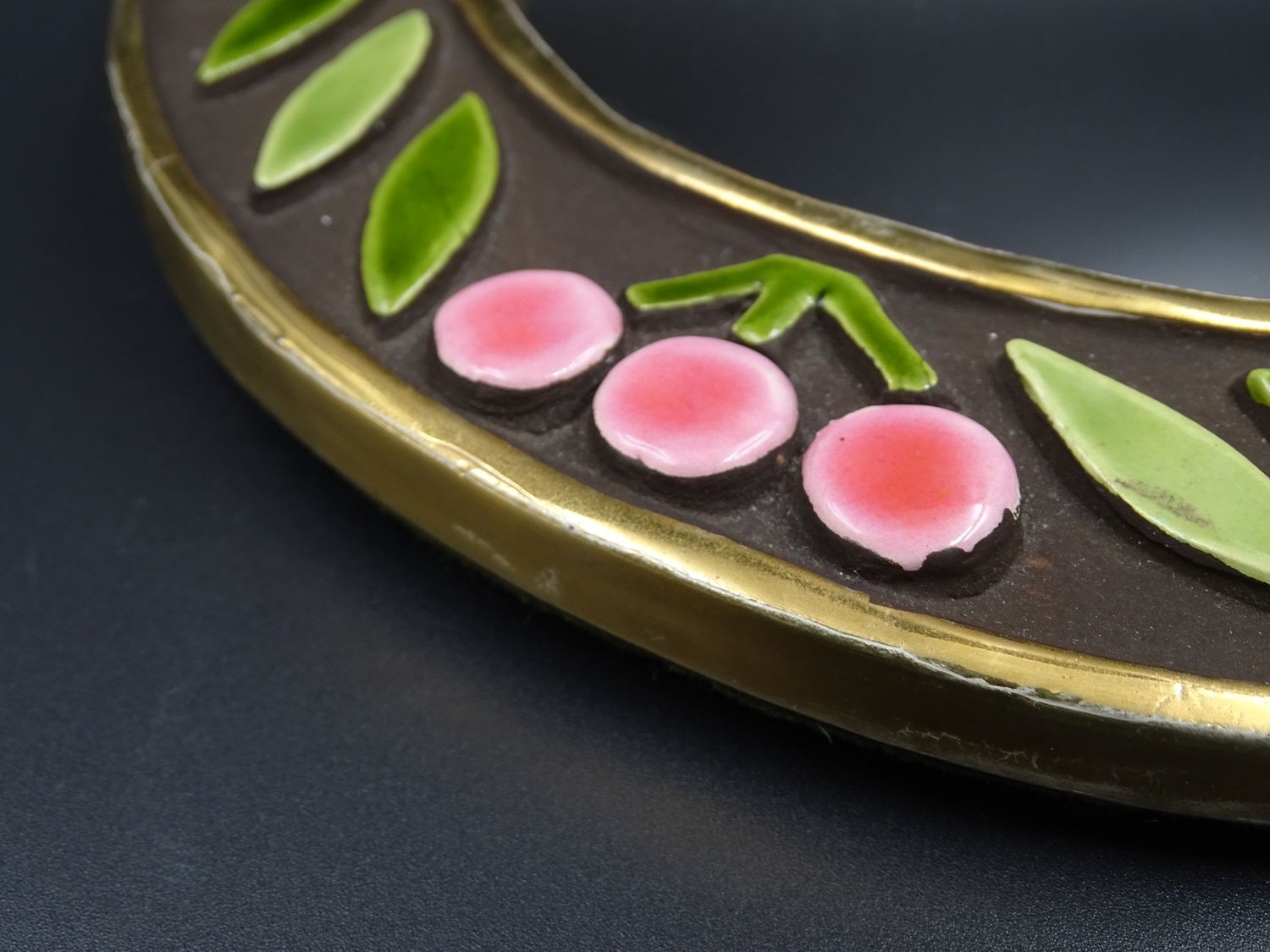 Small round mirror in earthenware- Cherry enamelled decoration - circa 1970