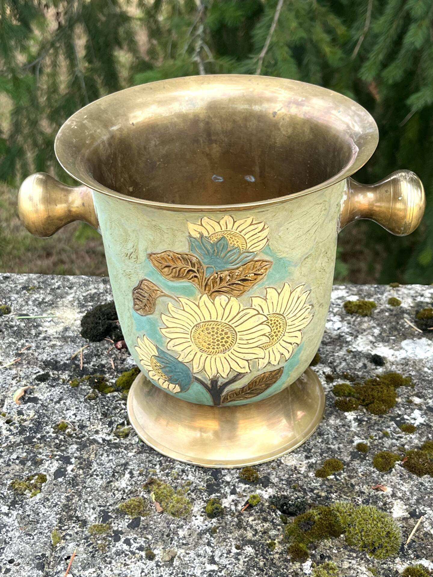 Cloisonne Brass champagne bucket with sunflower relief decoration