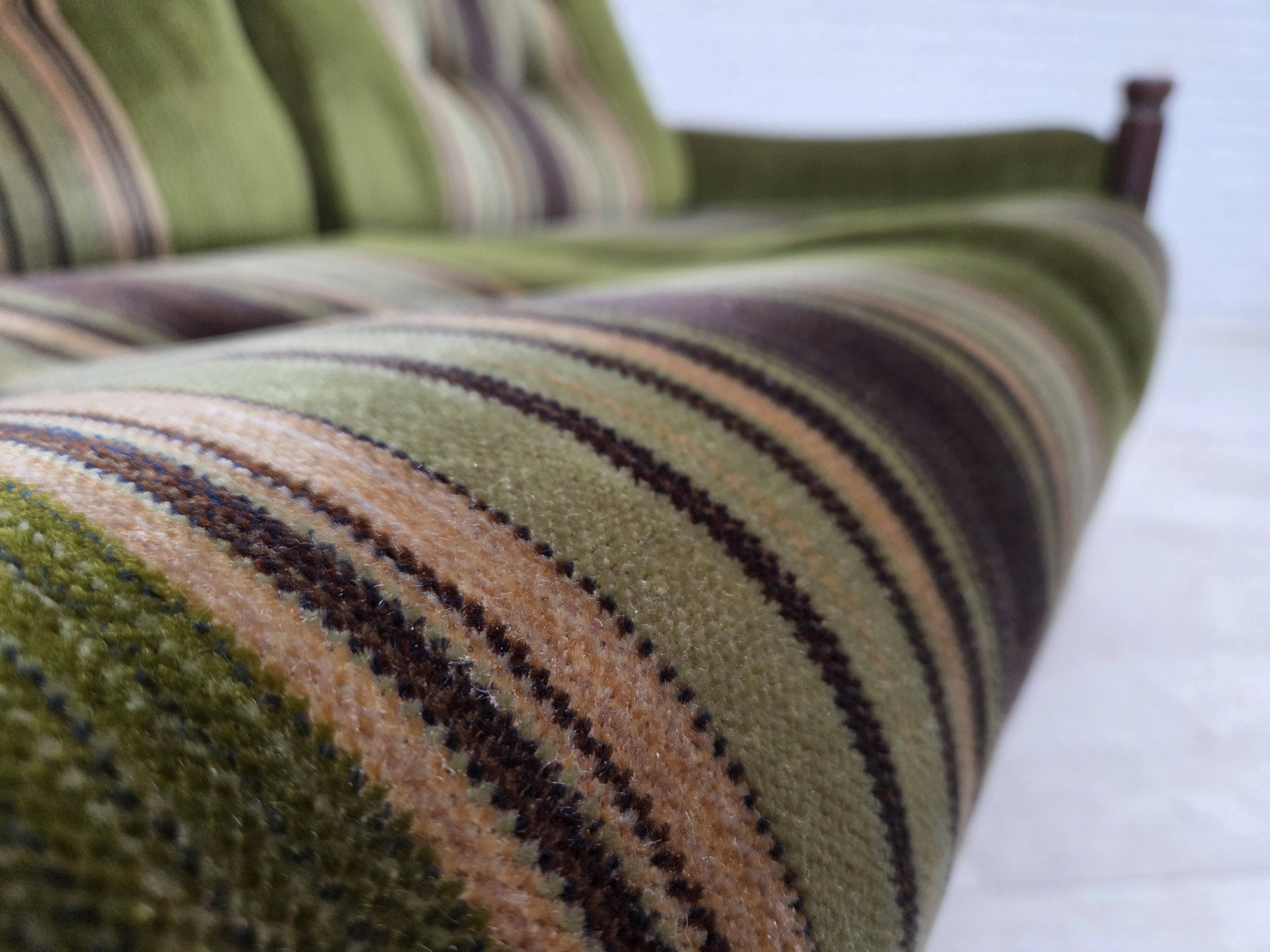 1970s, Scandinavian 2-seater sofa, green furniture velour, beech wood.