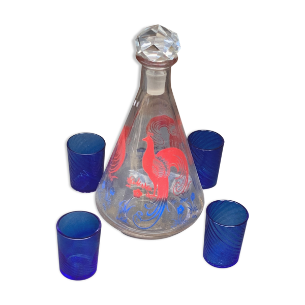 Carafe à liqueur motif paon et 4 petits verres bleu cobalt vintage