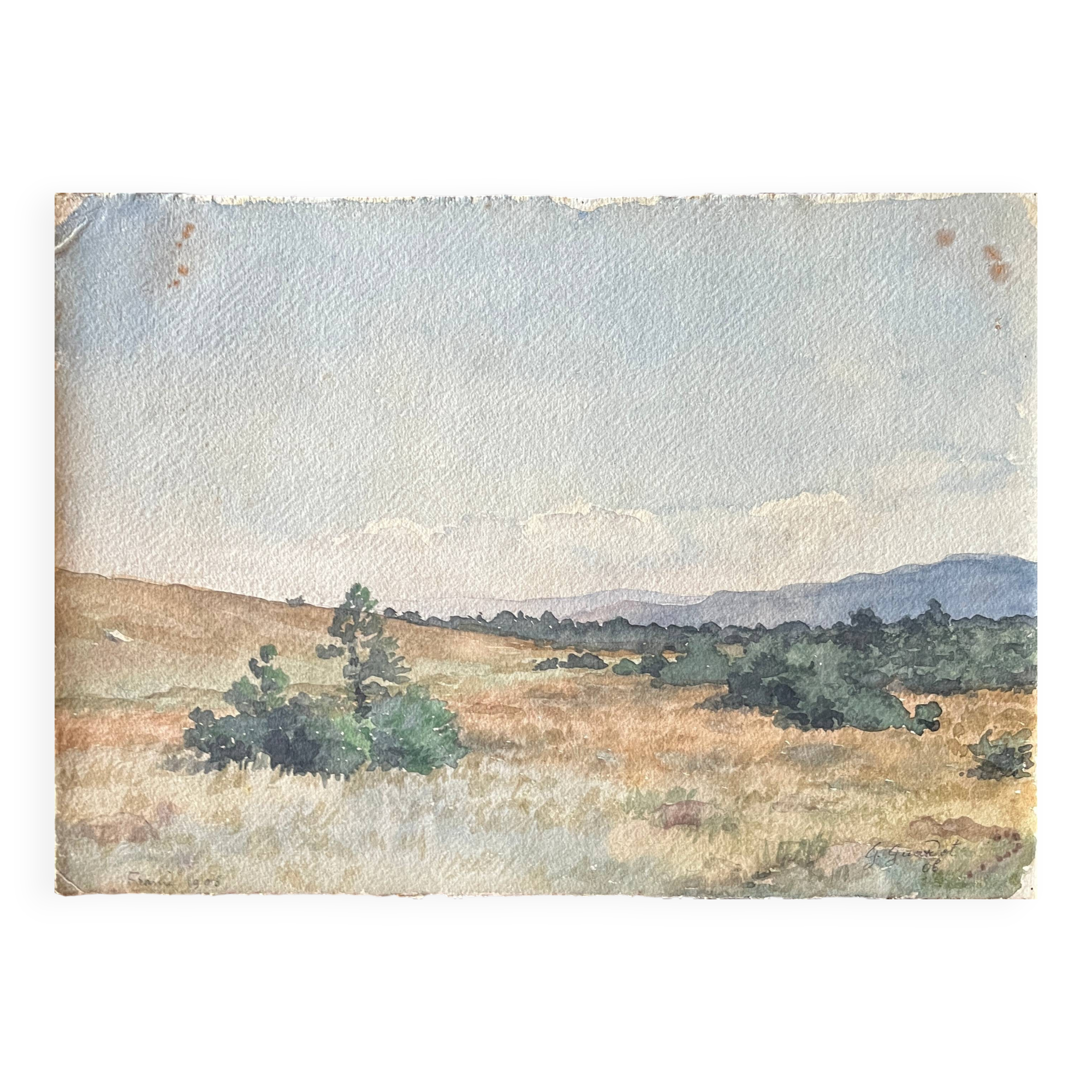 Watercolor painting G. GIRARDOT (1856-1914) Meadow at Frasne (Doubs) dated 190