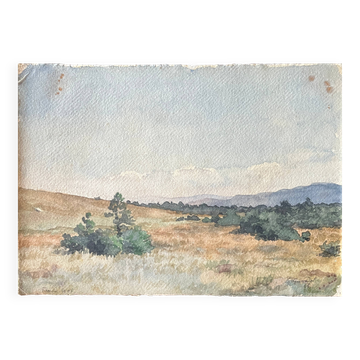 Tableau, aquarelle G. Girardot (1856-1914), Prairie à Frasne (Doubs) 1900