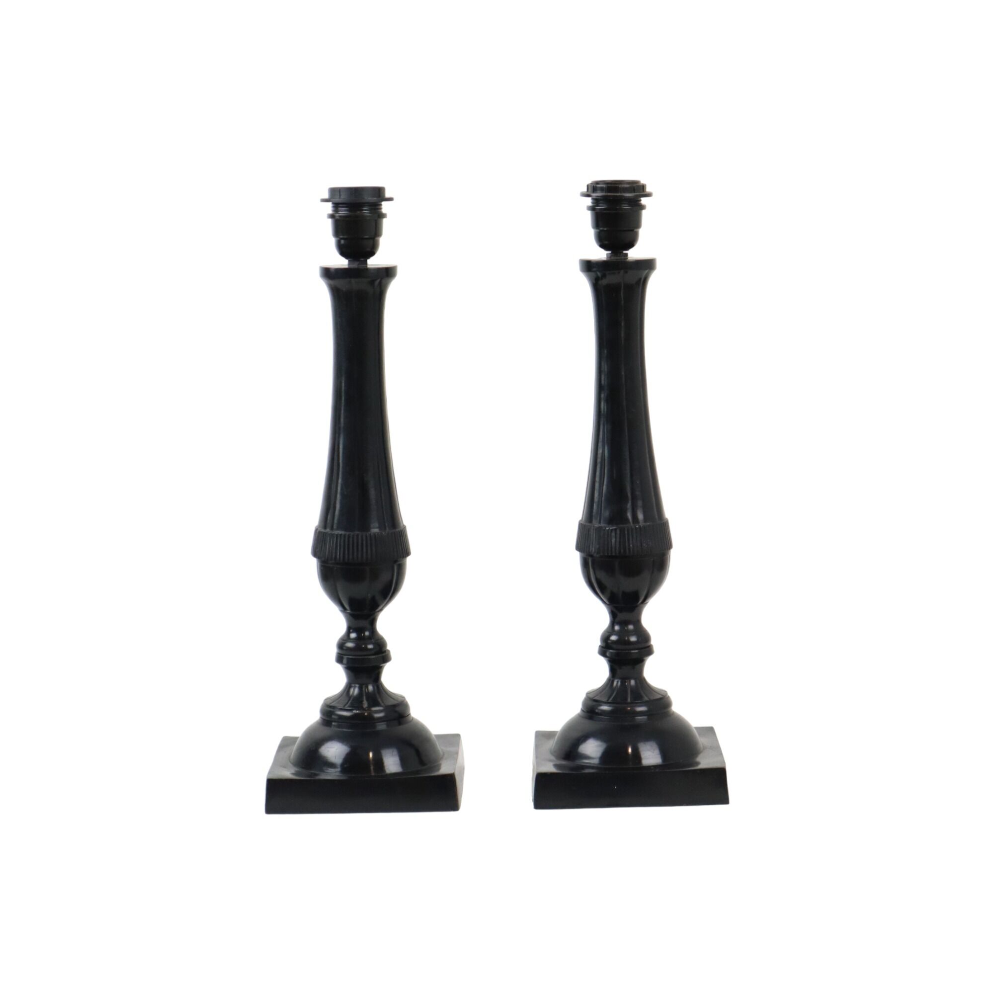Pair of black metal table lamps lamps fabric shade parex vintage 58cm
