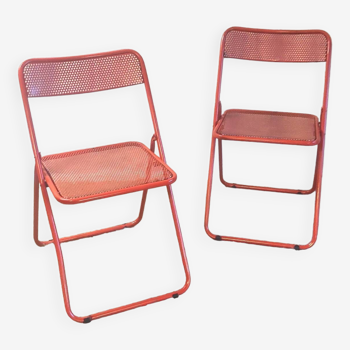 Orange metal folding chairs (set of 2) - 70s/80s