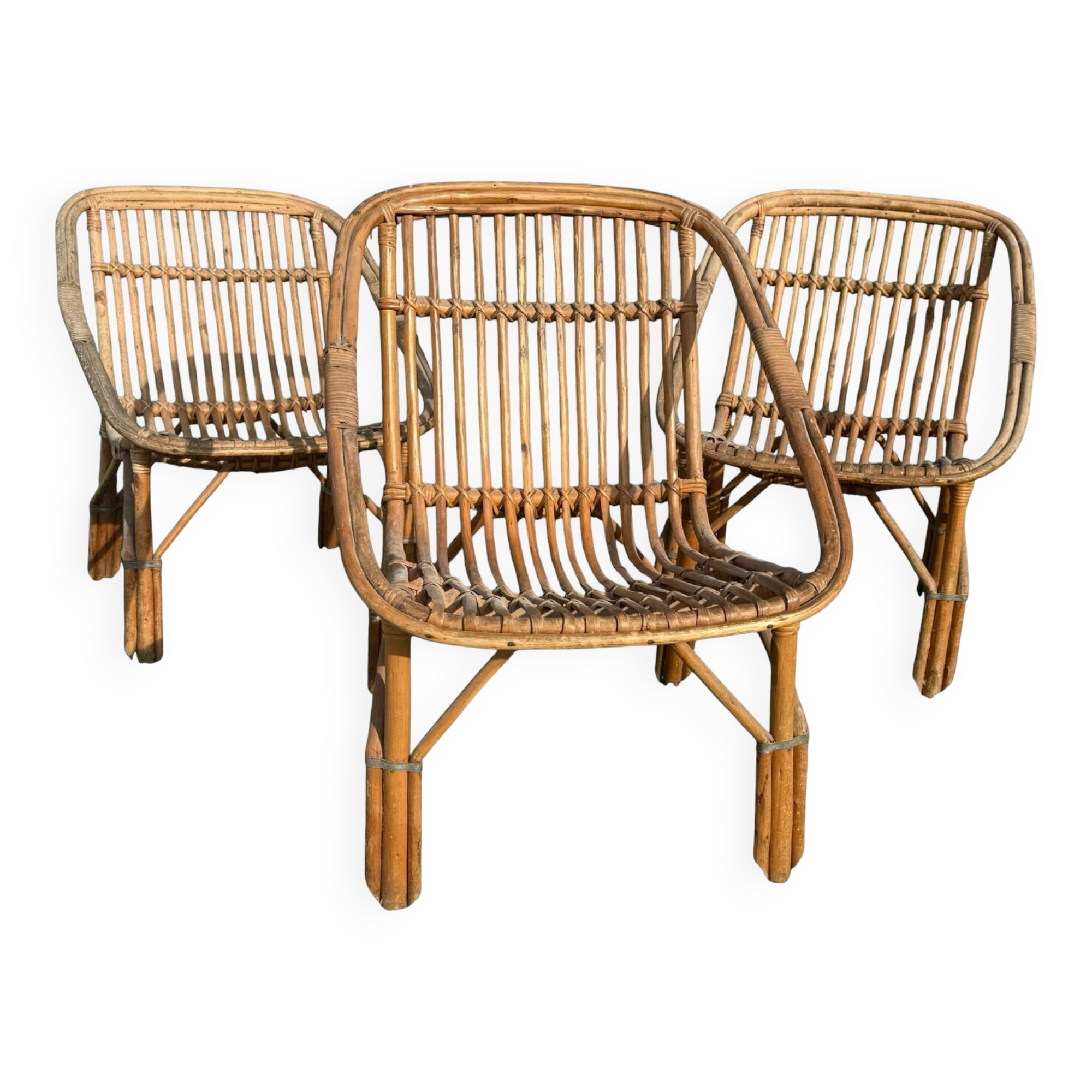 Set of 3 rattan armchairs from the 1960s, France.