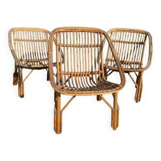 Set of 3 rattan armchairs from the 1960s, France.