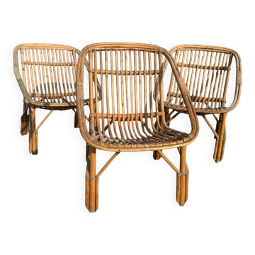 3 fauteuils en rotin, France années 60