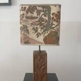 Wooden lamp with carved plant decoration from 1930-50, sold with a 1970 lampshade.