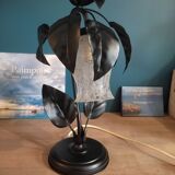 Bedside lamp black metal leaves tulip frosted glass