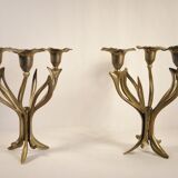 Pair of candlesticks three fires in brass