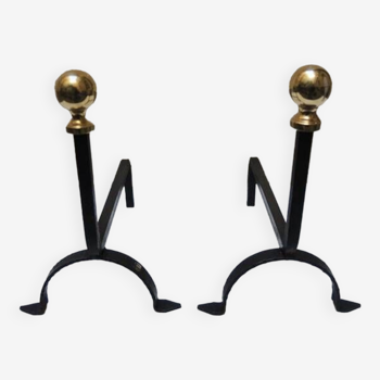 Old Black Cast Iron Andirons with Brass Ball