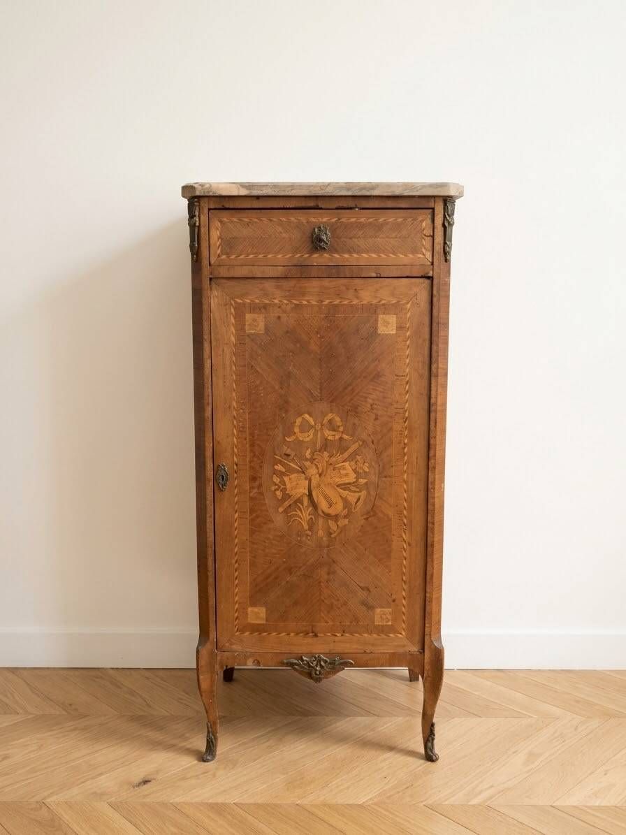 Small antique secretary in marquetry wood
