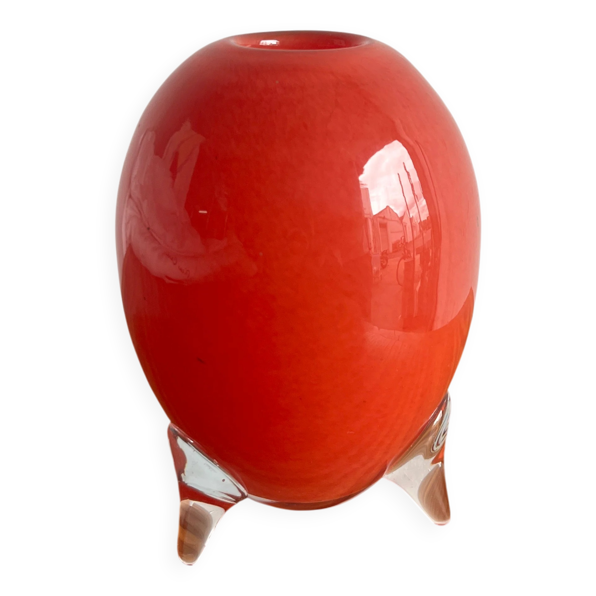 Murano Red Sommerso Hand-Blown Glass Vase with Clear Tripod Feet — Mid-Century 1960s