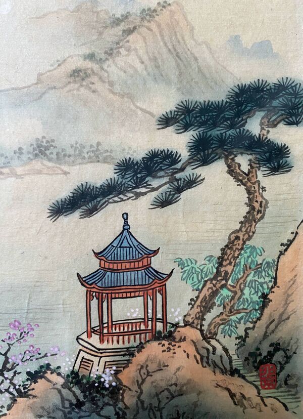 Pendant de tableaux anciens à l'encre de hine ''paysages et et temple'' signés