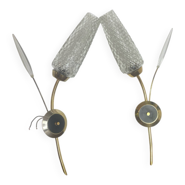 Paire d’appliques rétro en laiton et verre