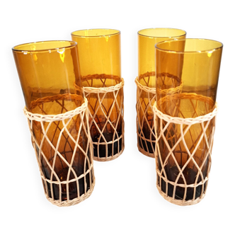Verres à orangeade verre ambre et rotin