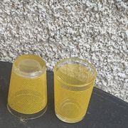 Liqueur set consisting of a glass carafe and 8 small yellow glasses