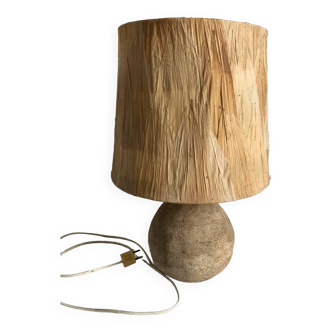 Old 70's ceramic lamp with original natural fiber lampshade