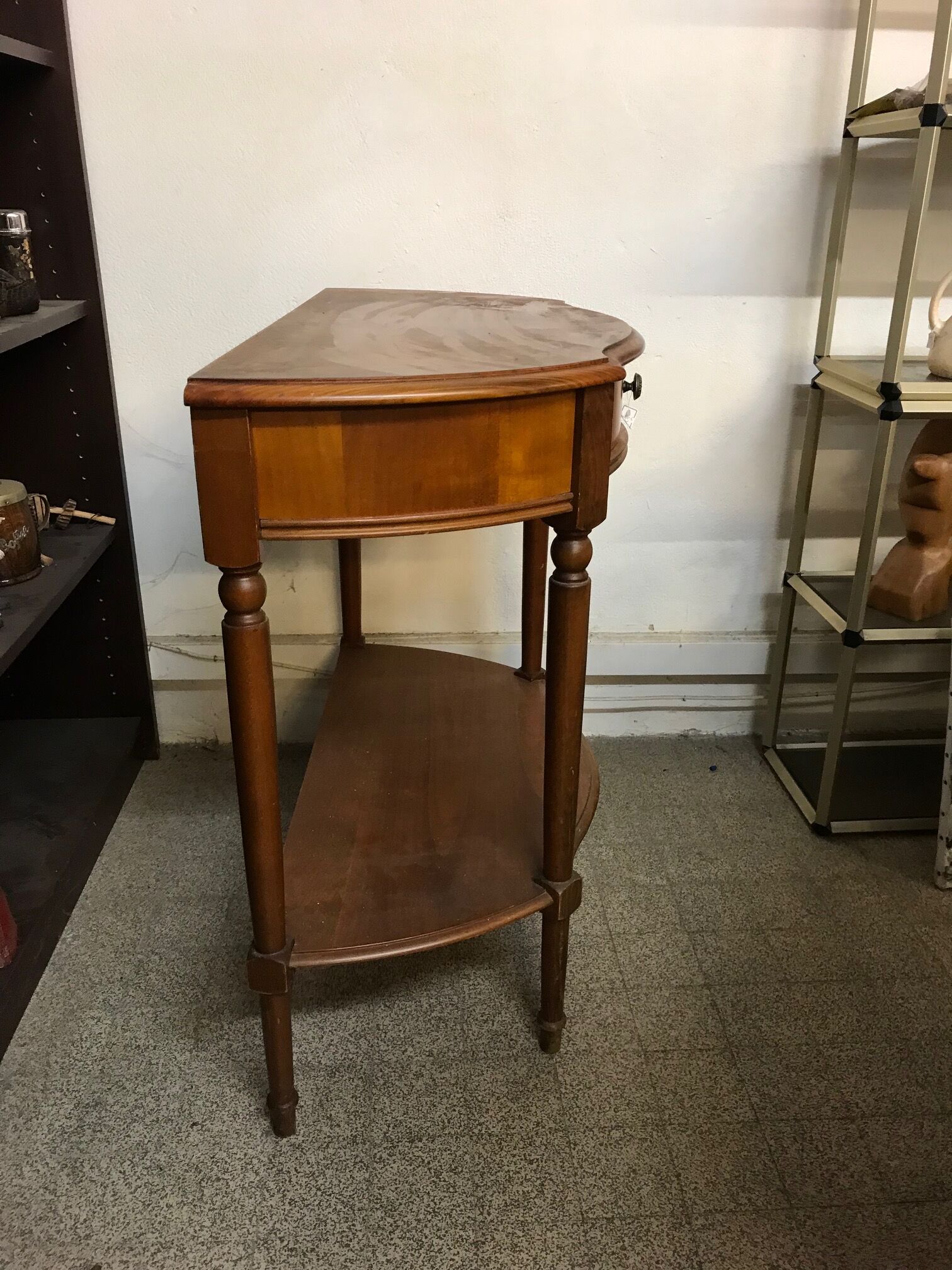 Cherry half-moon console with drawer and bottom shelf