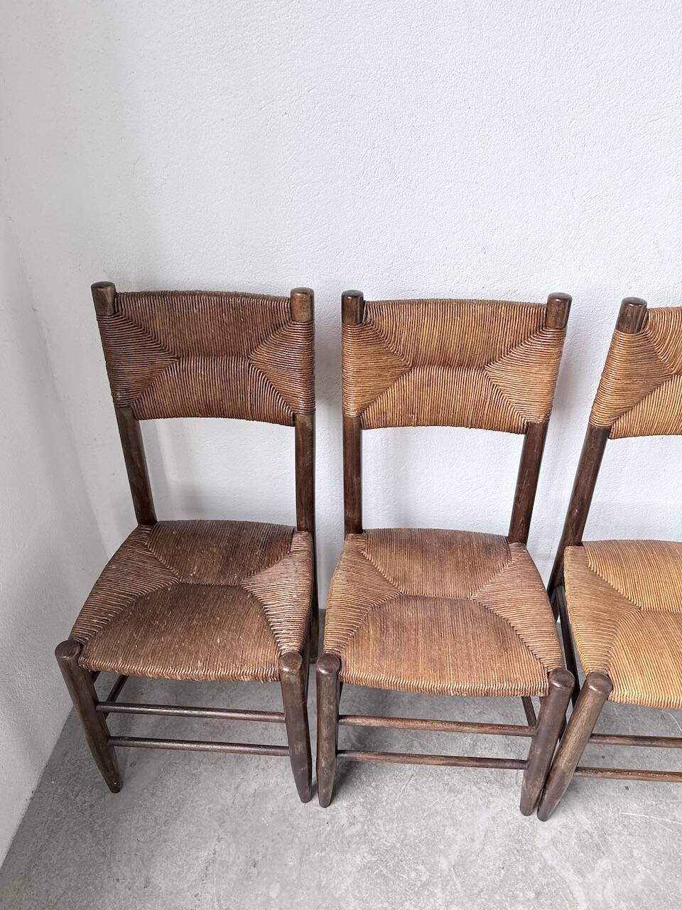 Set of 6 straw and oak Beauche chairs.