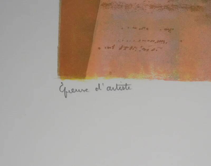 Paul Collomb: Bouquet on a blue background, signed original lithograph.