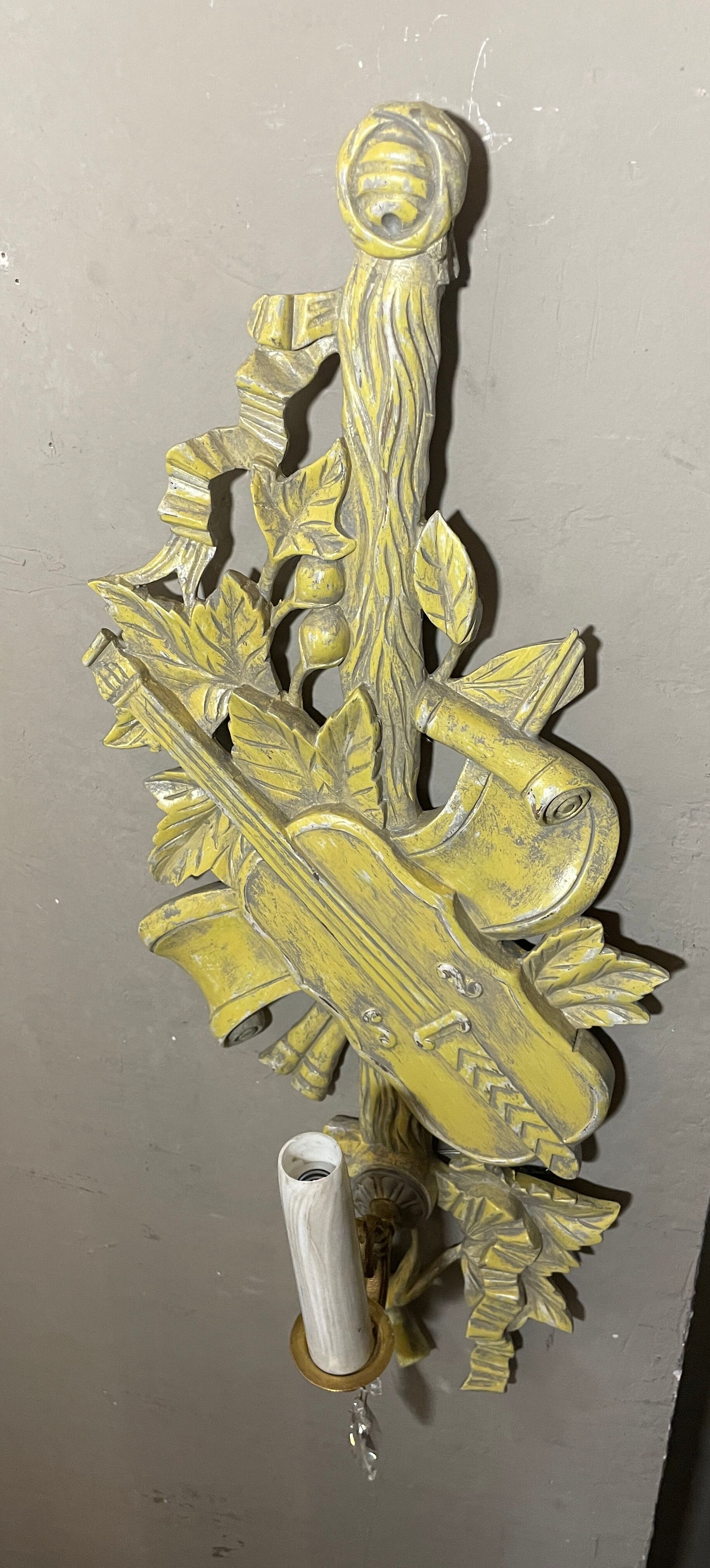 Walnut wood wall lamps, painted in yellow patina grey