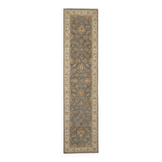 Handmade Beige & Grey Wool Runner Rug, Oriental Hallway Carpet 70x292 cm