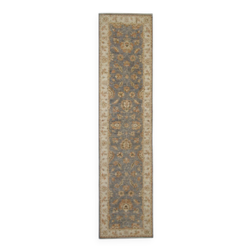 Handmade Beige & Grey Wool Runner Rug, Oriental Hallway Carpet 70x292 cm