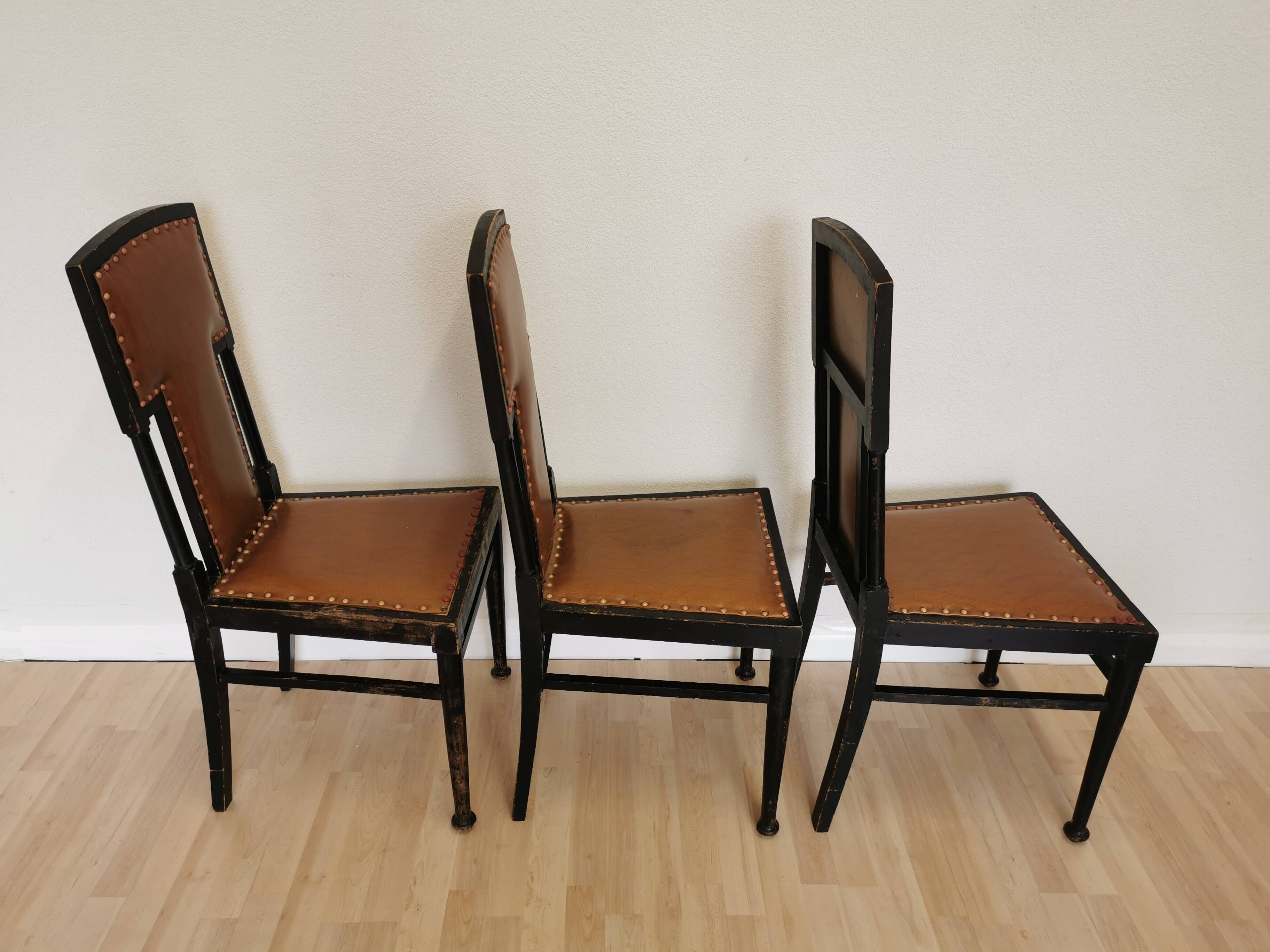 Set of 3 Vintage Dining Chairs: High Back, Leather Seat, Nailhead Trim