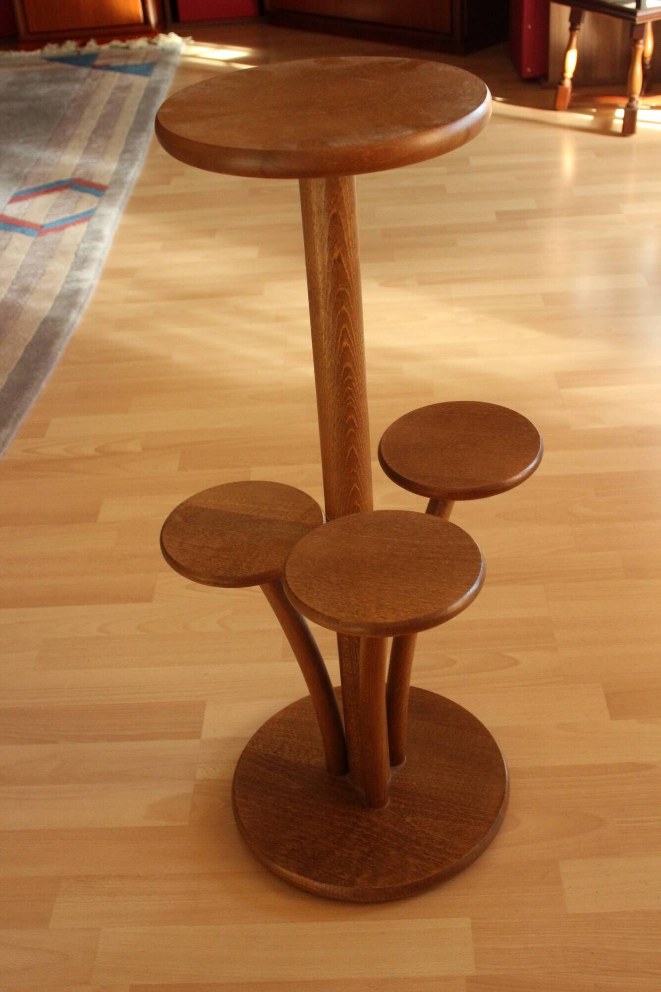 Solid oak wood plant stand, vintage from the 1950s, rare collectors item