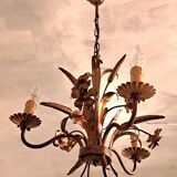 Chandelier with ears of wheat and flowers in gilded metal
