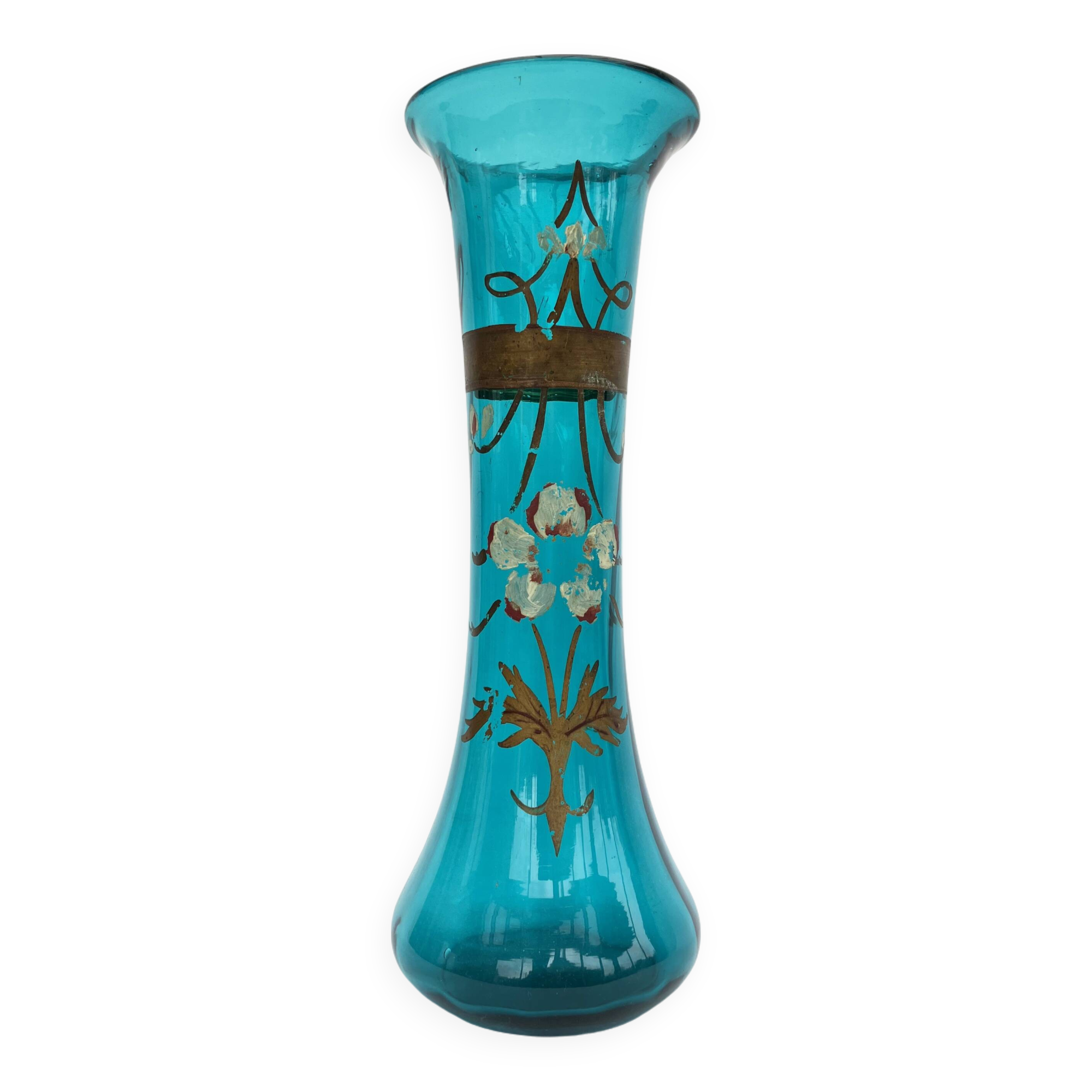 Large diabolo-shaped vase in turquoise blue blown glass with floral decoration • Art Nouveau • 1900s