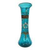 Large diabolo-shaped vase in turquoise blue blown glass with floral decoration • Art Nouveau • 1900s