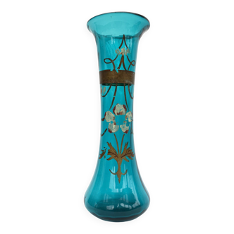 Large diabolo-shaped vase in turquoise blue blown glass with floral decoration • Art Nouveau • 1900s