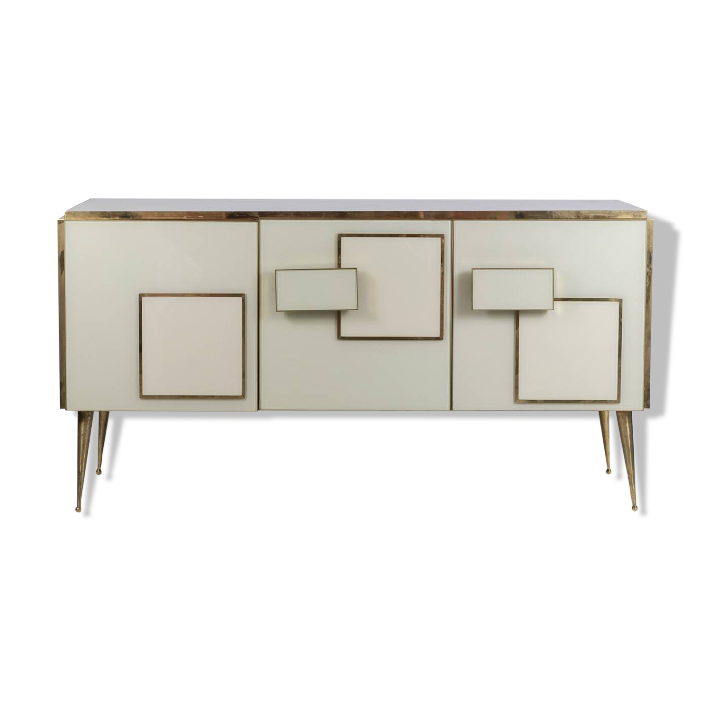 Geometric sideboard in glass and gilded brass. Contemporary Italian work.