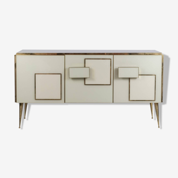 Geometric sideboard in glass and gilded brass. Contemporary Italian work.