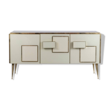 Geometric sideboard in glass and gilded brass. Contemporary Italian work.