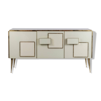 Geometric sideboard in glass and gilded brass. Contemporary Italian work.