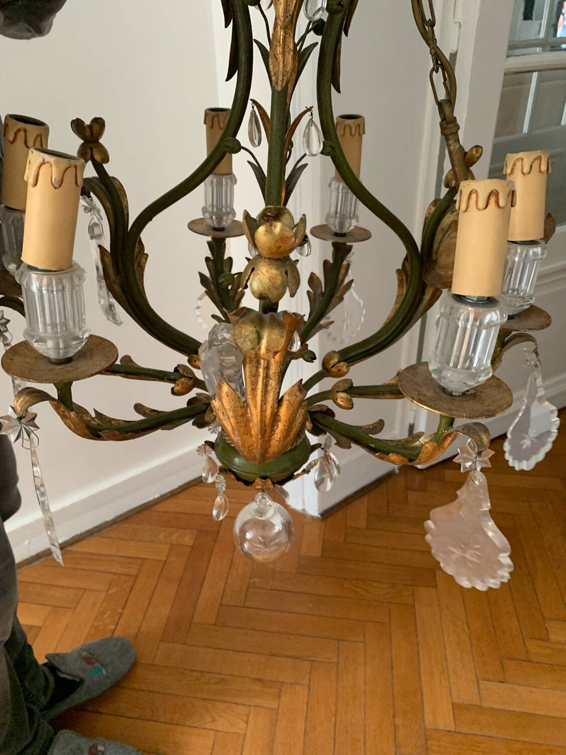 Gold and green crystal chandelier