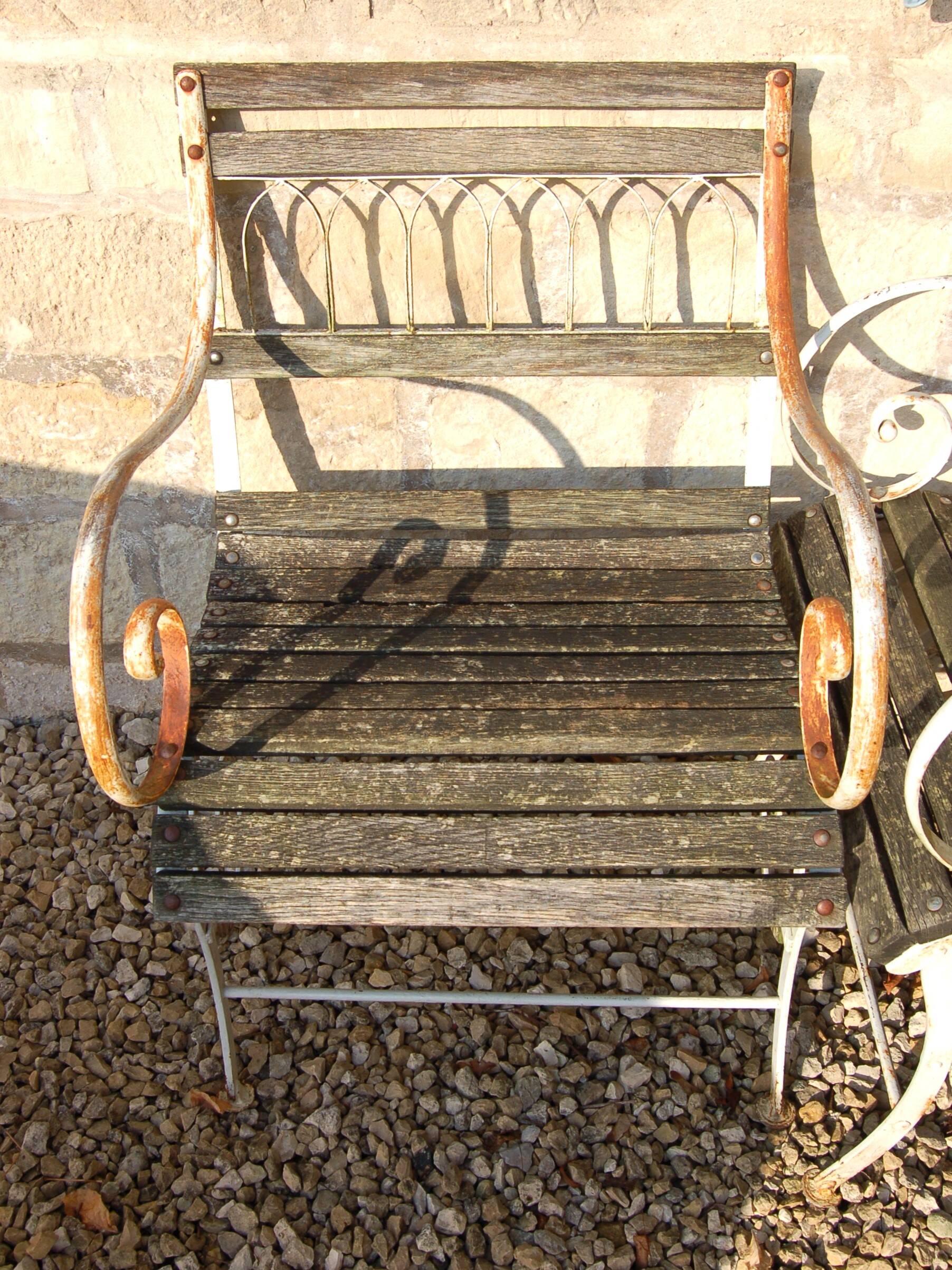 4 20TH CENTURY PAINTED WOOD AND METAL GARDEN CHAIRS