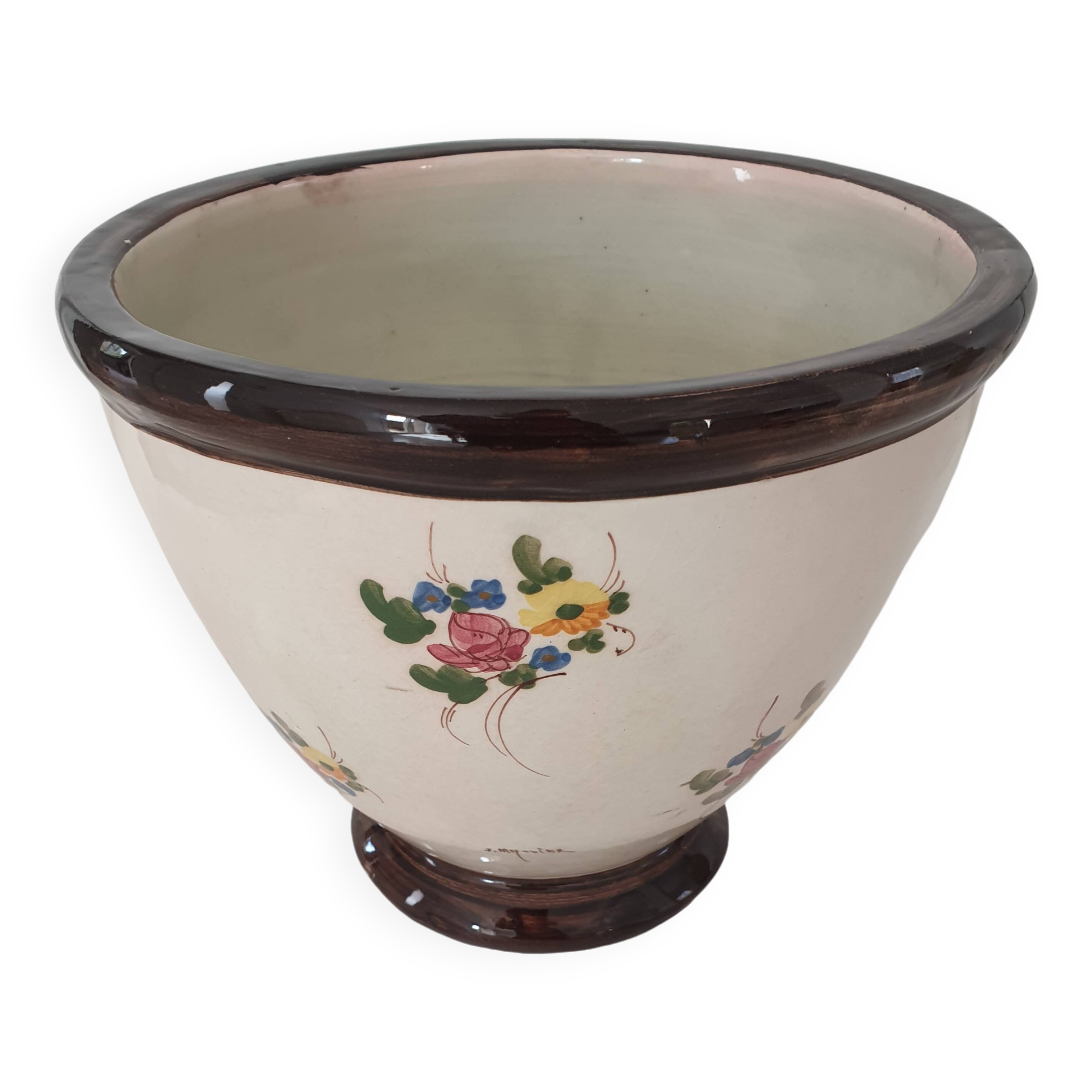 Large ceramic flowerpot with painted flower decoration Signed Massier Vallauris