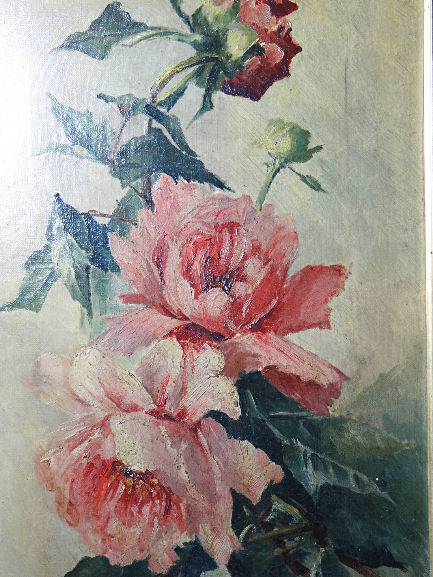 Large antique painting of peonies, signed E. Jacque, late 19th to early 20th century.