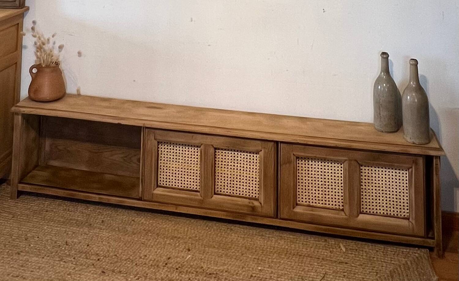 TV cabinet in raw oak and cane - sliding doors
