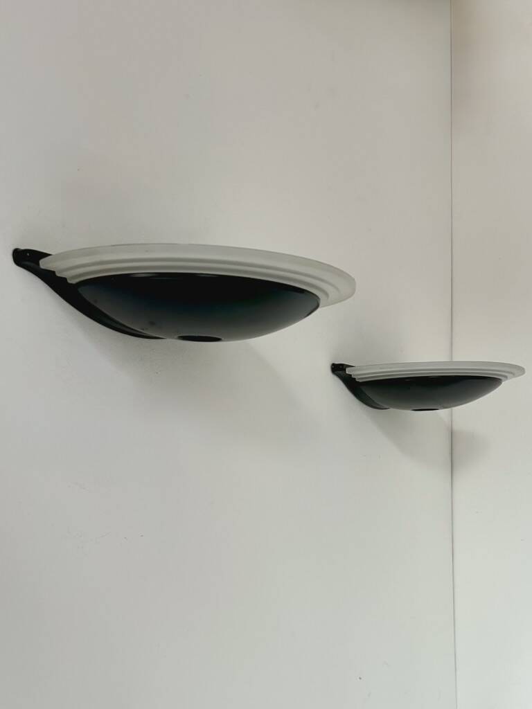 Pair of vintage wall lights in black metal and glass, France, 1970.