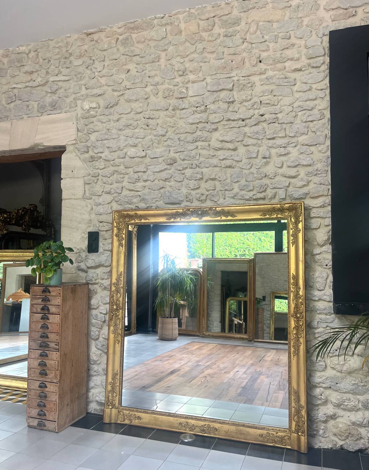 Antique fireplace mirror 144.5cm/131.5cm gold leaf and mercury