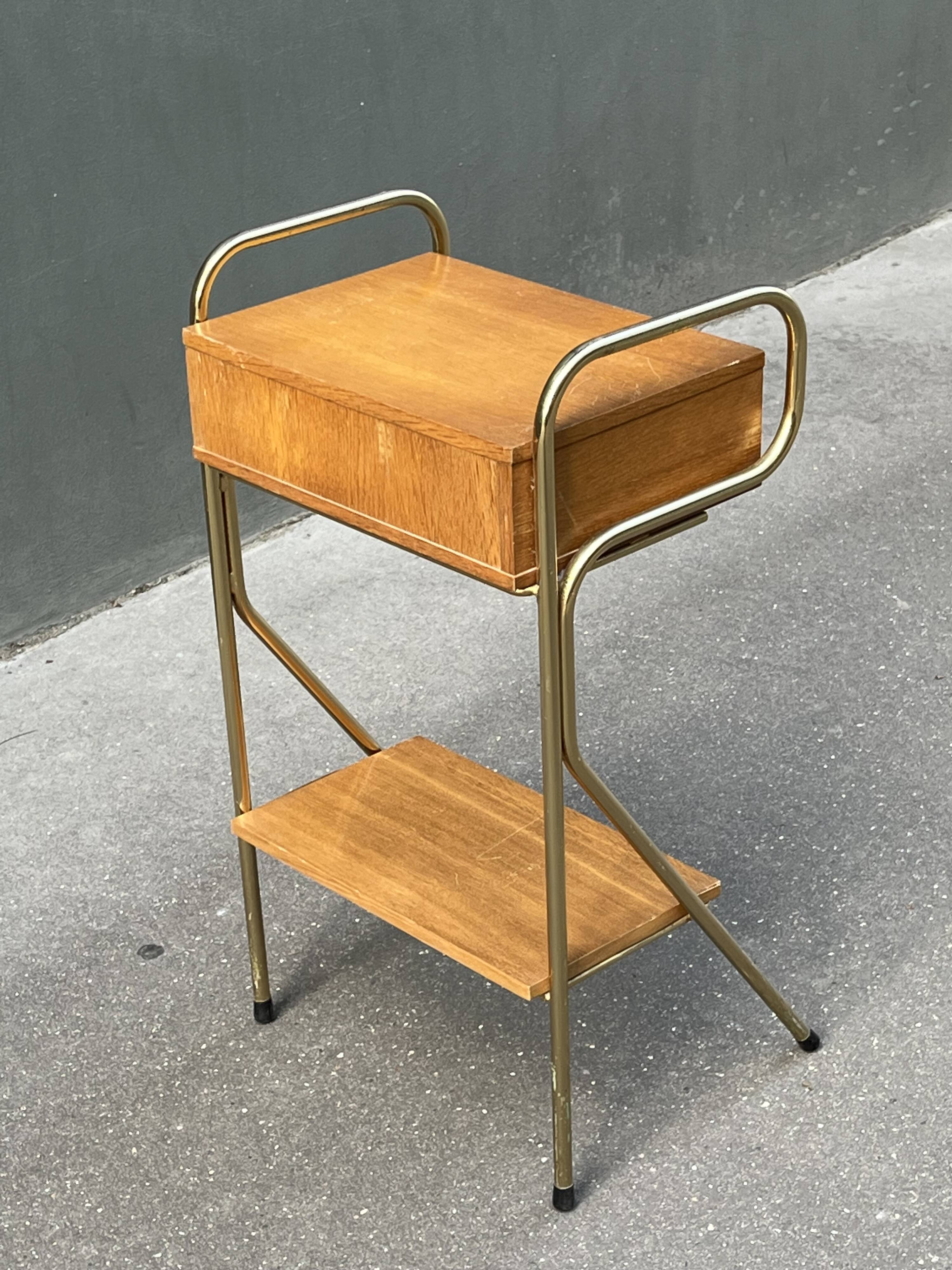 60s wooden and gold metal bedside table
