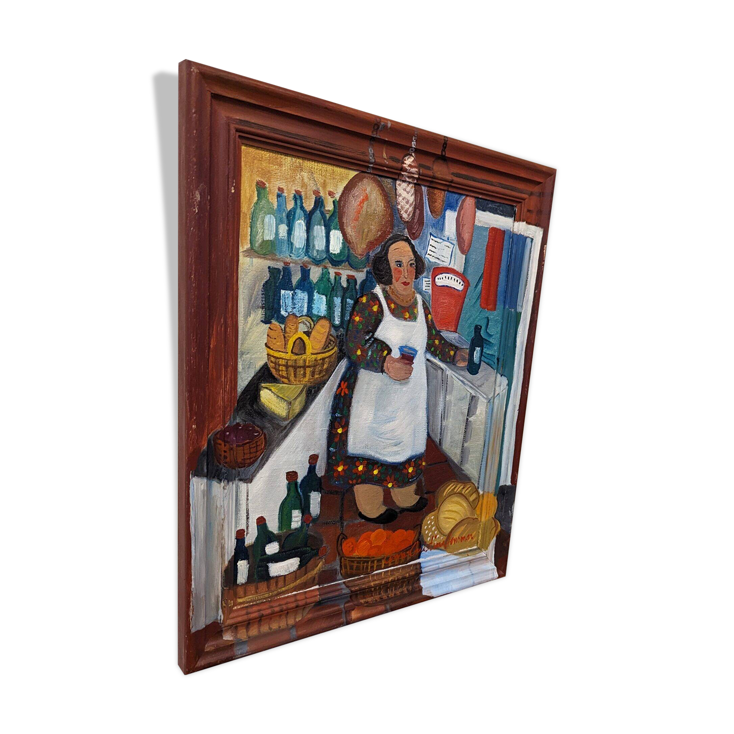 Mid-Century Modern Swedish "The Store" Vintage Figurative Oil Painting, Framed
