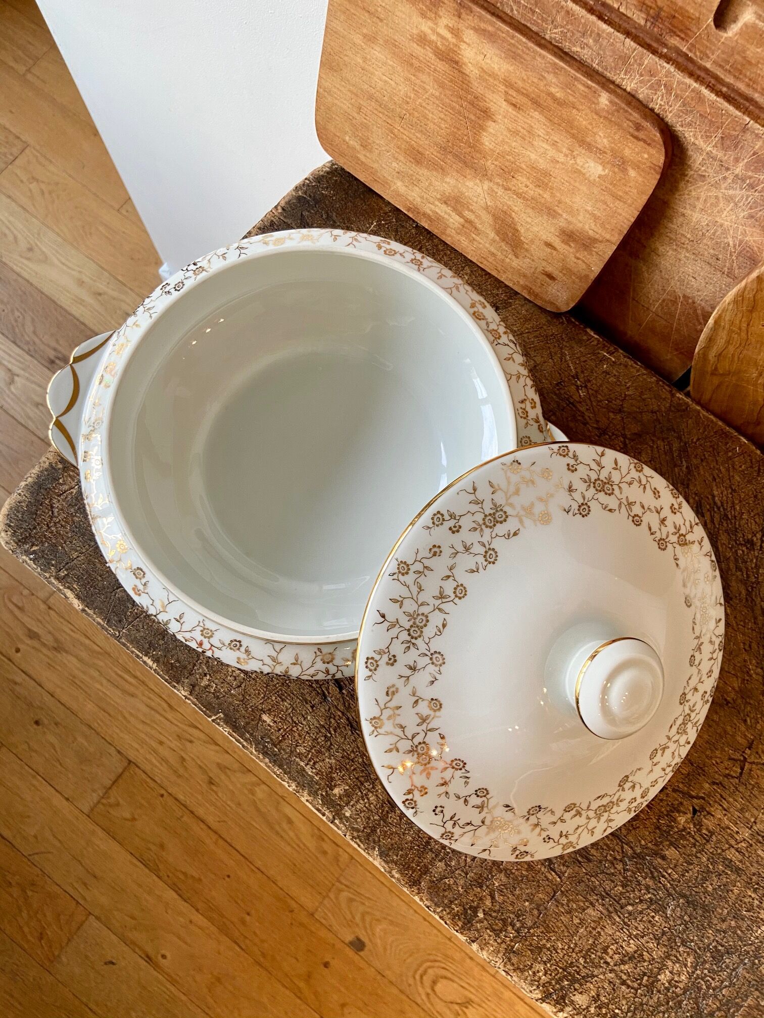 White and gold porcelain soup