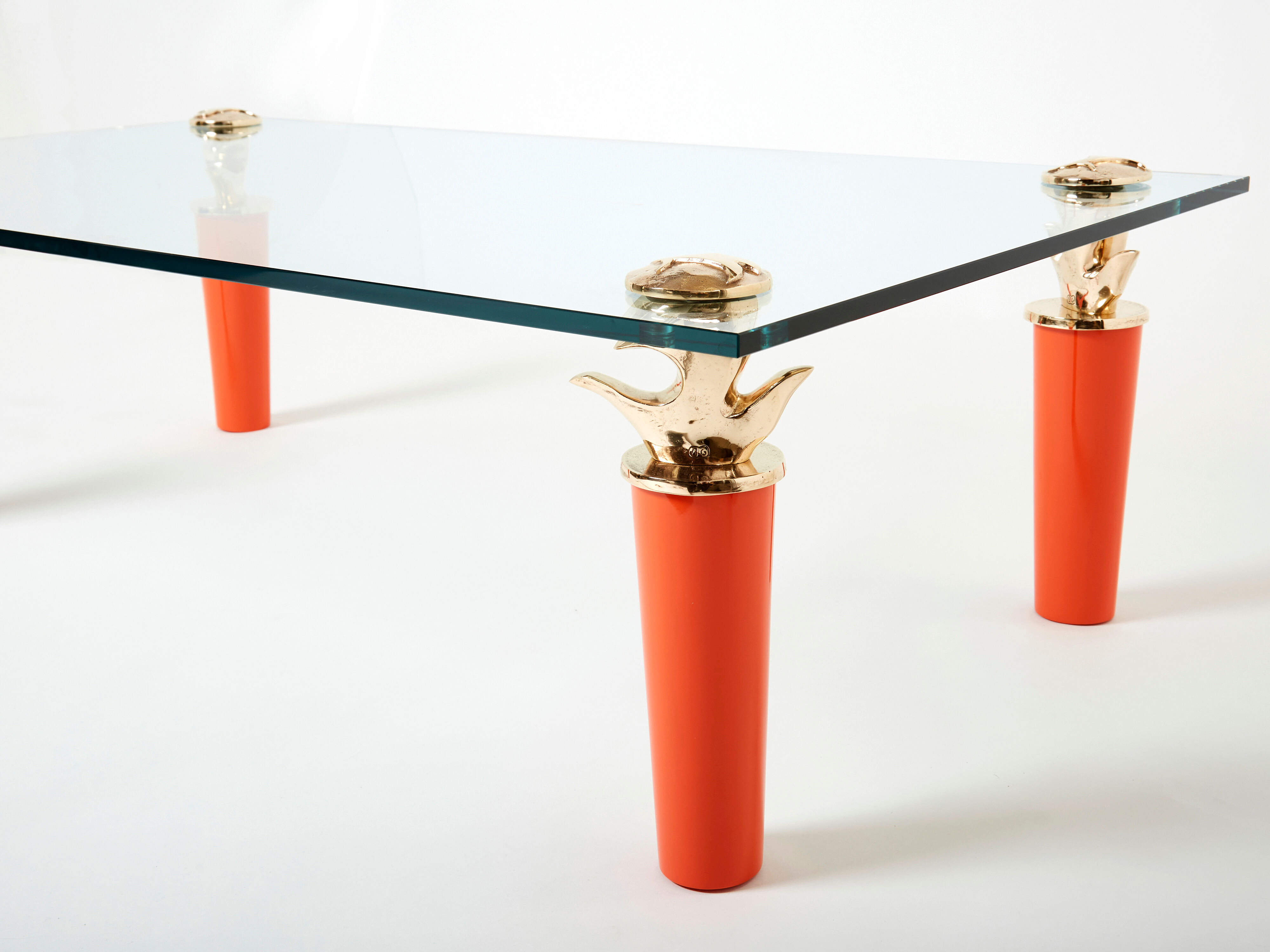 Rare coffee table lacquer orange bronze glass signed Garouste & Bonetti 1995