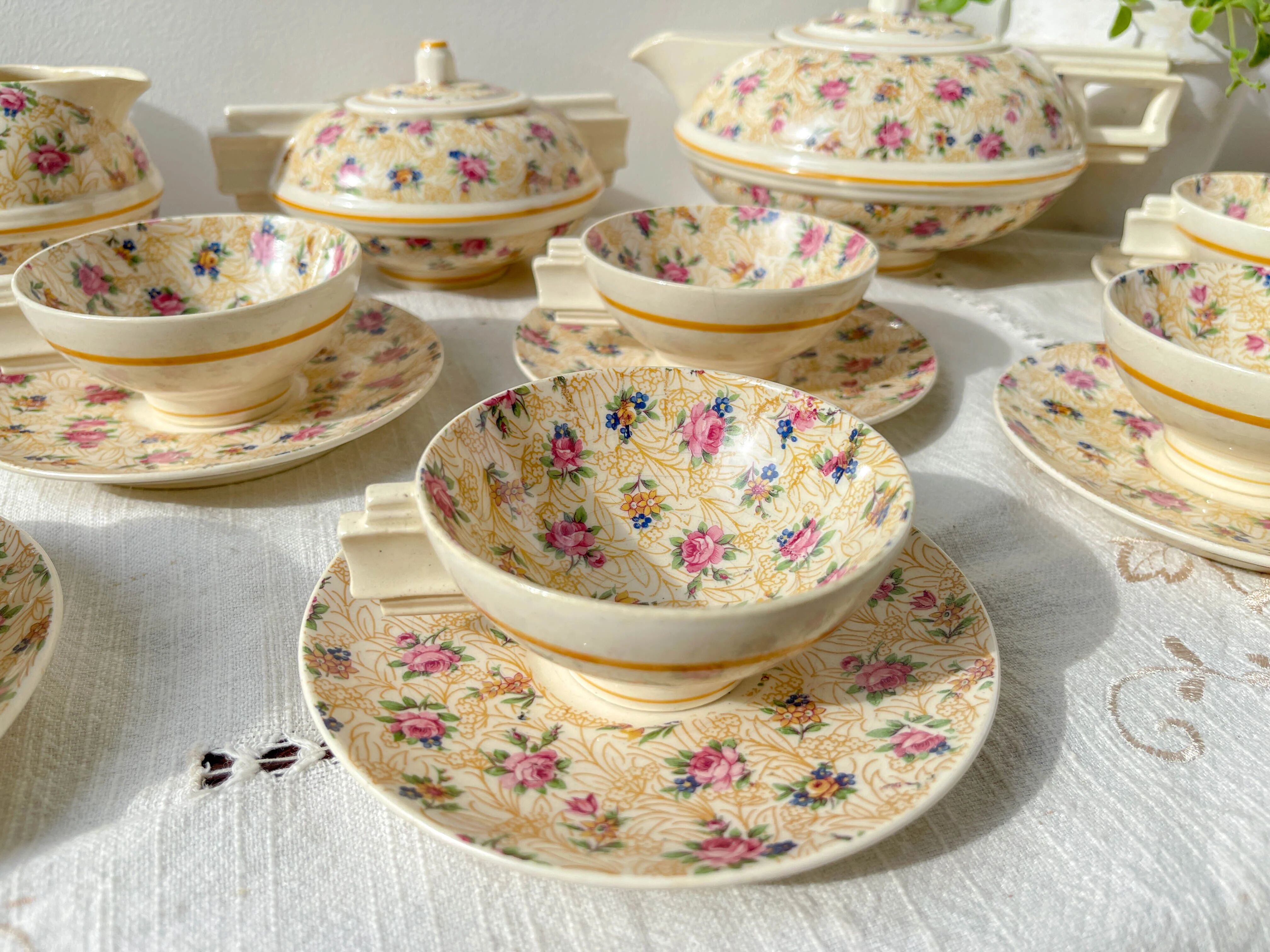 Robj Paris Coffee Tea Set with Floral Yellow Porcelain Core - Vintage Art Deco Style